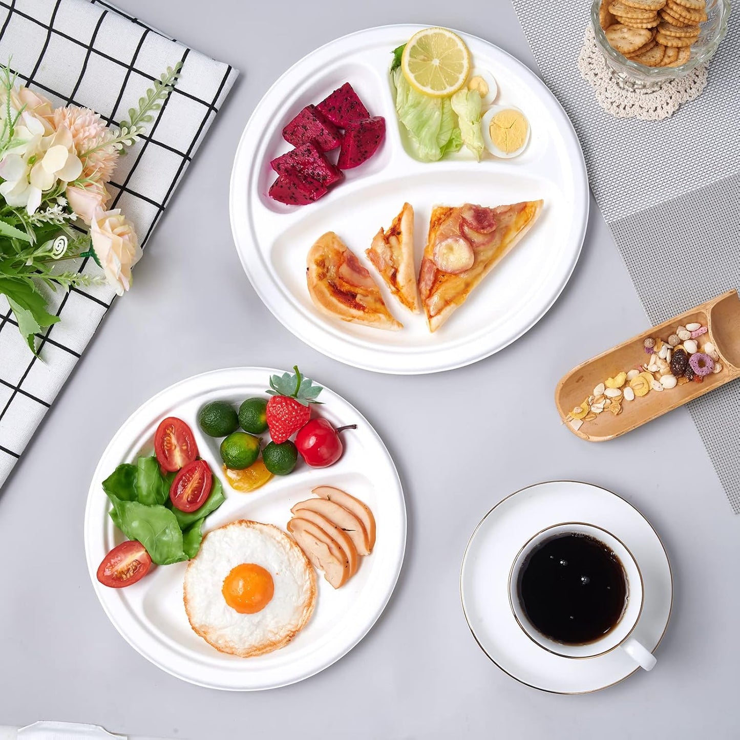 ECOLipak 150 Pack Compostable 3 Compartment Plates, 10 inch Heavy-Duty Disposable Biodegradable Sugarcane Bagasse Paper Plates for Party Dinner