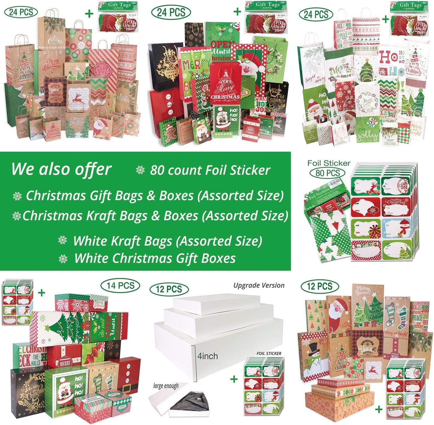 Christmas Gift Tags 60 Count with Untied String (15 Assorted Glitter, Foil, Printed Designs for DIY Xmas Present Wrap and Label Package Name Card)