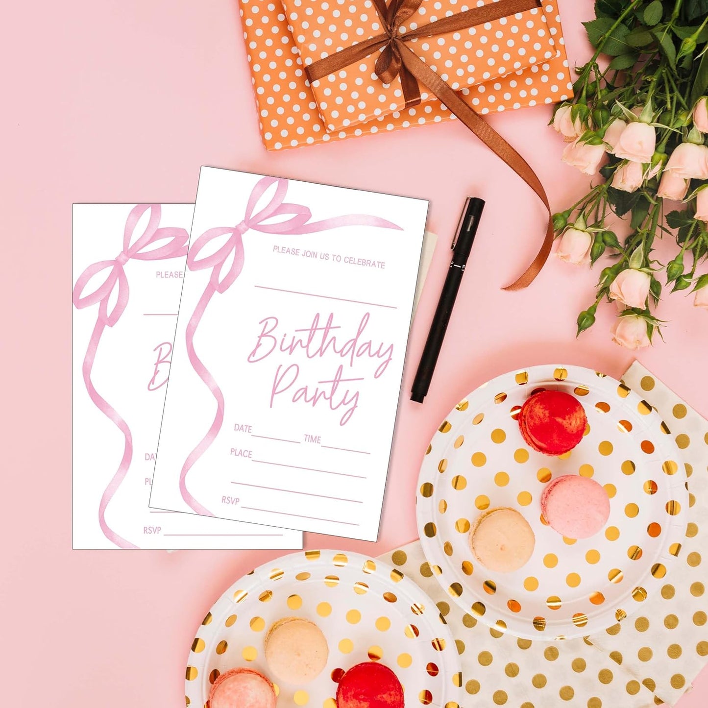 SIXEIGHT Pink Bow Birthday Invitations, Pink Ribbon Bow Birthday Party Invitations, 20 Party Invitations with Envelopes for Girls Boys, Birthday Party Favor & Decoration (4"x6")-A04