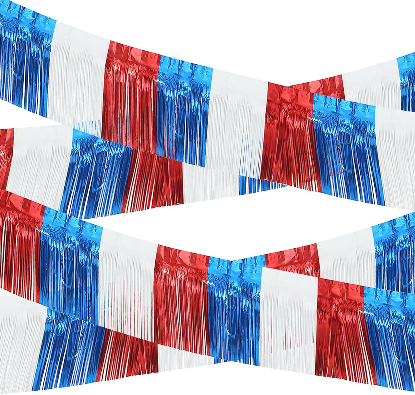 4 Pack 10 Feet Foil Fringe Garland Metallic Tinsel Streamers Banner Wall Hanging Fringe Backdrop Banner for Parade Floats Wedding Birthday Party Decoration (Royal Blue Red White)
