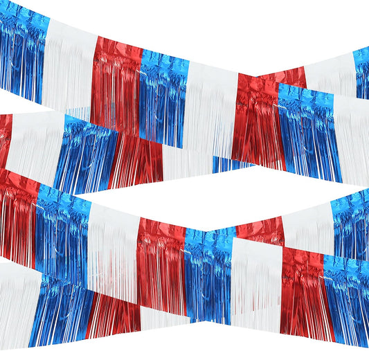 4 Pack 10 Feet Foil Fringe Garland Metallic Tinsel Streamers Banner Wall Hanging Fringe Backdrop Banner for Parade Floats Wedding Birthday Party Decoration (Royal Blue Red White)