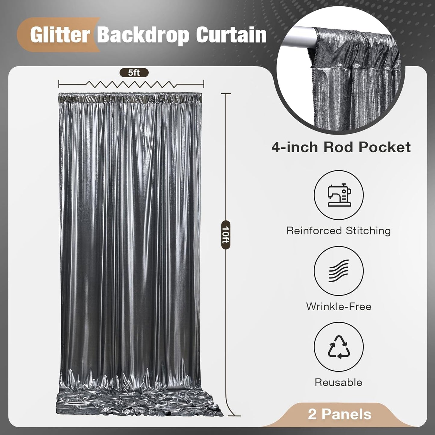 10x10FT Charcoal Silver Sequin Backdrop - 2 Panels 5x10FT Wrinkle-Free Glitter Drapes for Weddings, Parties & Events