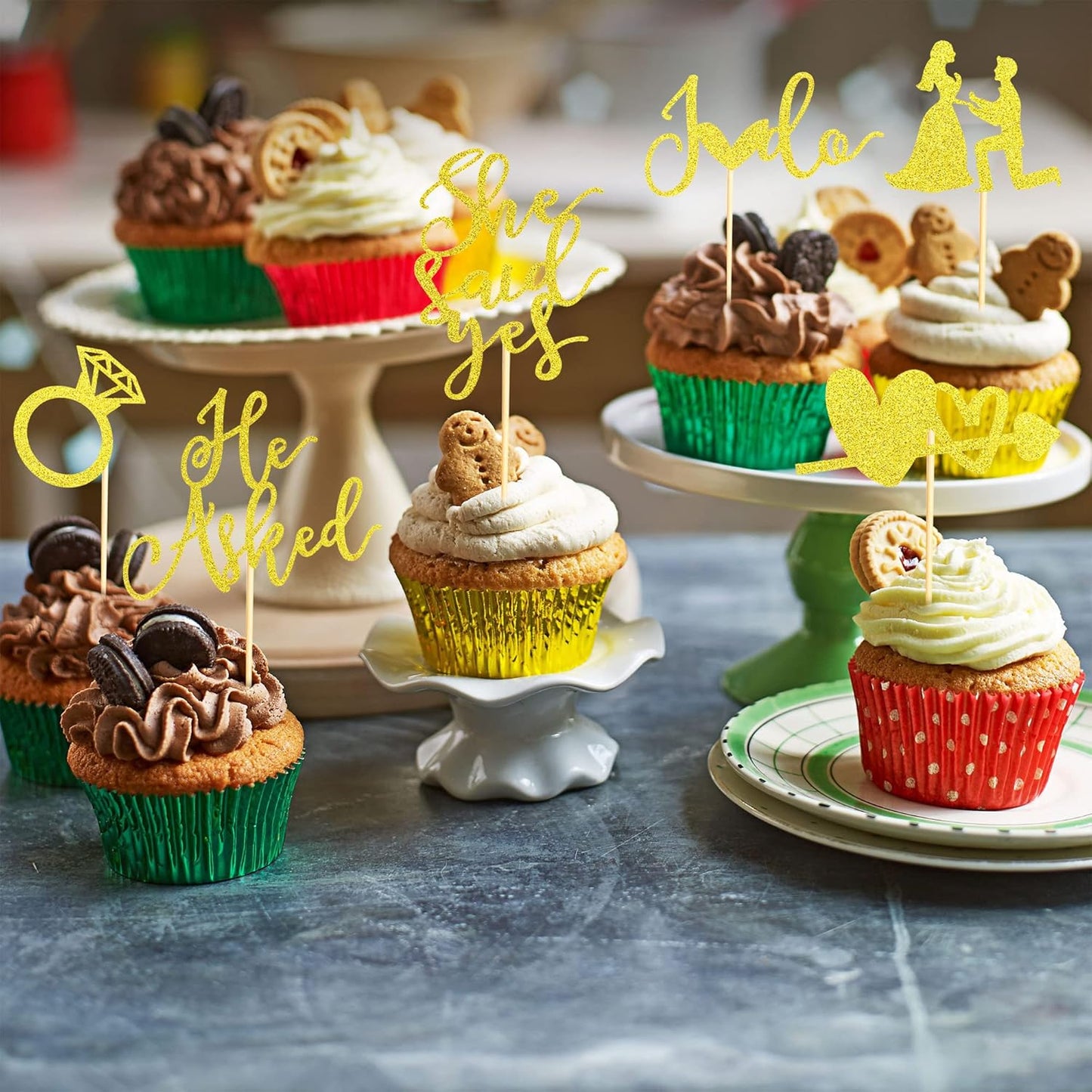 24Pcs He Asked She Said Yes Cupcake Toppers Diamond Ring Heart I Do Cake Picks for Wedding Engagement Bridal Shower Party Cake Decorations - Gold Glitter