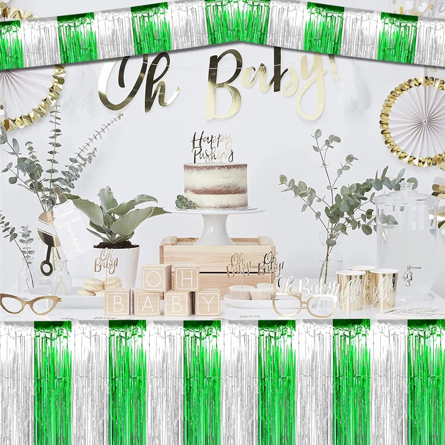 10 Pack 10 Feet Foil Fringe Garland Metallic Tinsel Streamers Banner Wall Hanging Backdrop for Parade Floats, Bachelorette, Wedding, Birthday, Mardi Gras St Patrick Day Party Decorations(Silver Green)