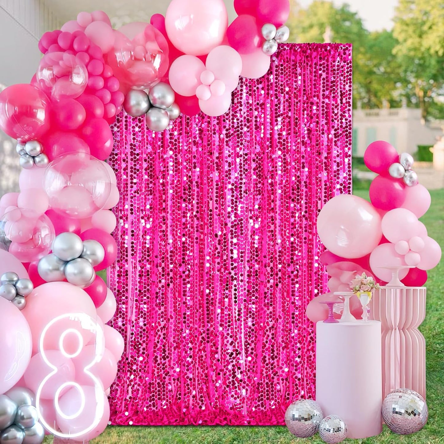 18mm Glitter Payette Backdrop 2 Panels 4ftx8ft Hot Pink Sequin Drapes Panels Wedding Stage Background Decorations Fabric