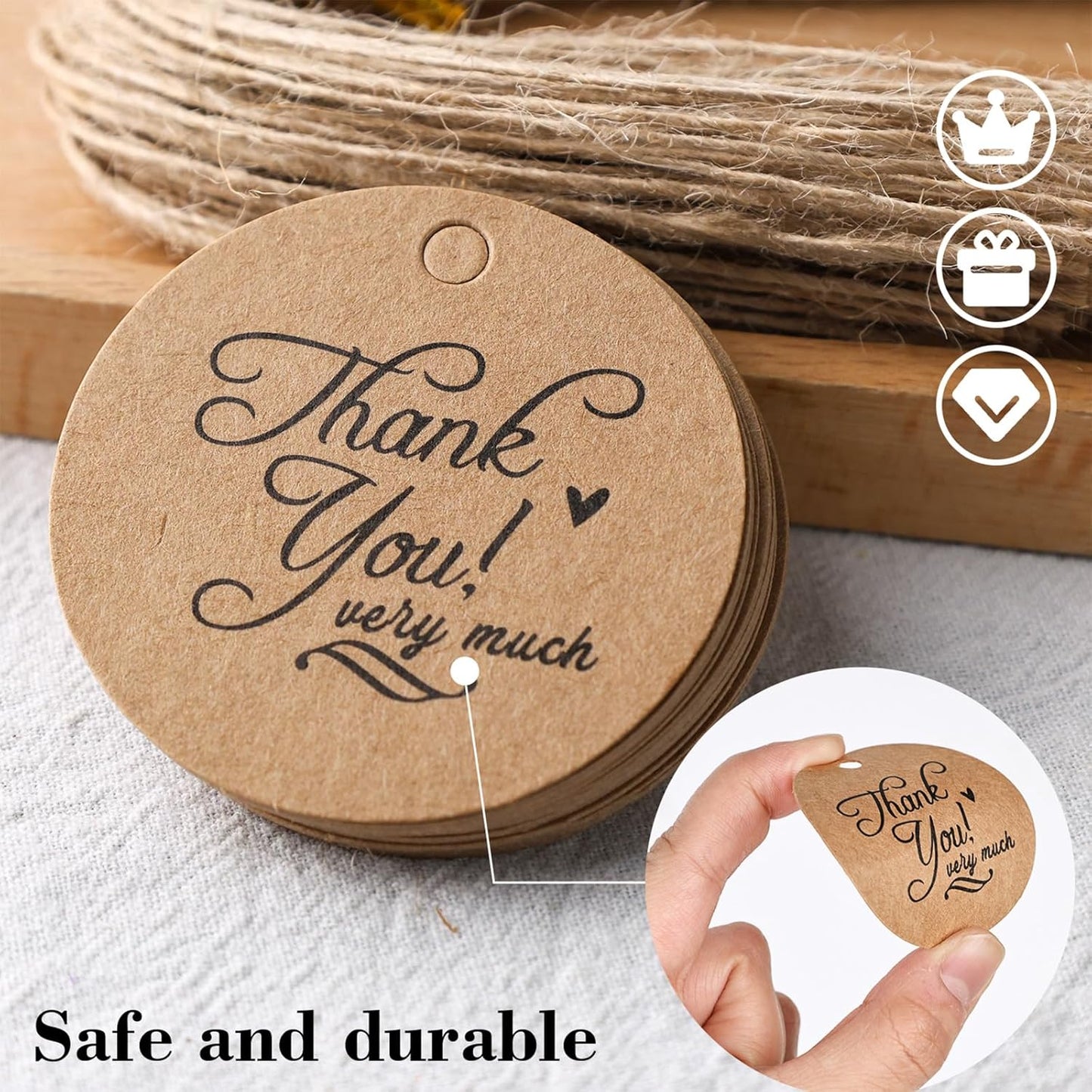 SallyFashion 120PCS Thank You Gift Tags, Round Brown Paper Tags with String 2inch Circle Labels for Birthday Wedding Party Gift Baby Shower
