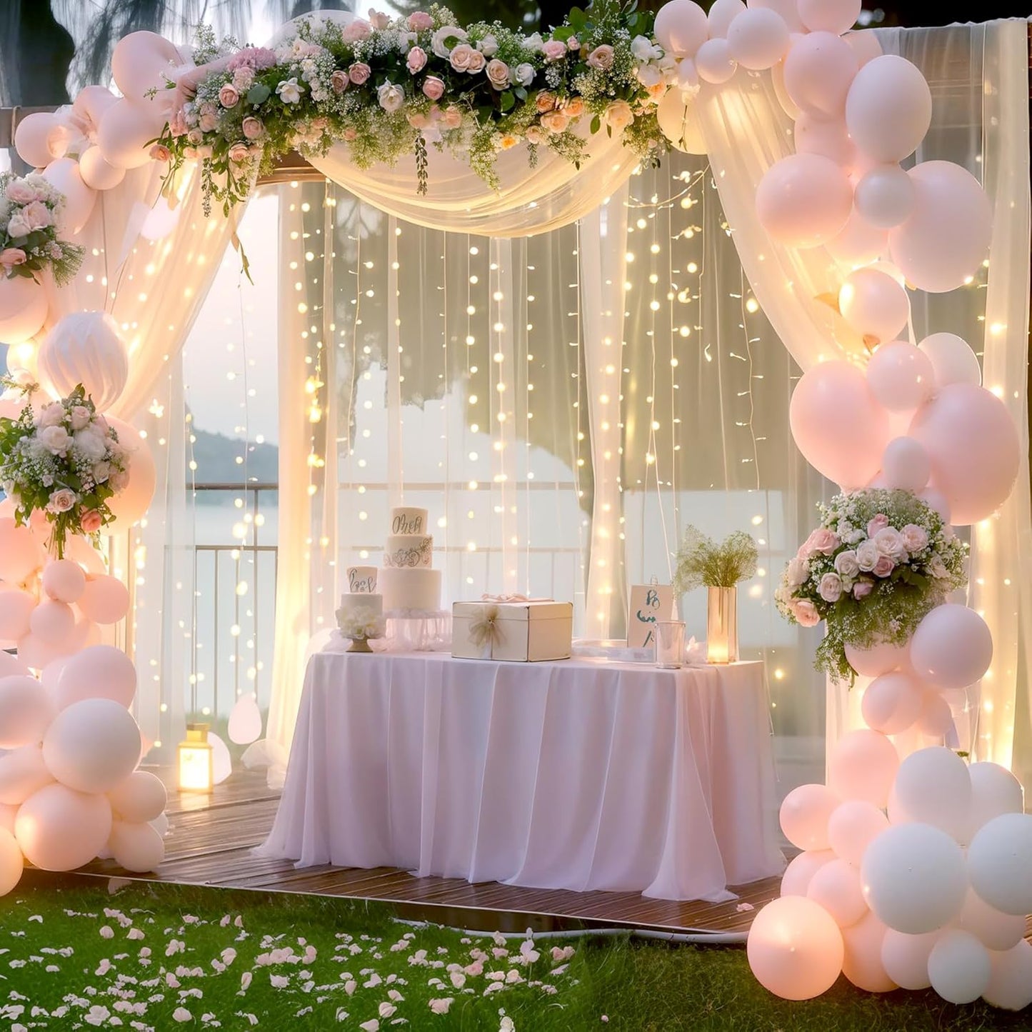 10ft x 10ft Ivory Tulle Photo Backdrop Curtain with Lights String for Parties Wedding Sheer Ivory Curtain Backdrop for Birthday Party Bridal Shower Photo Booth Photography Background Decorations