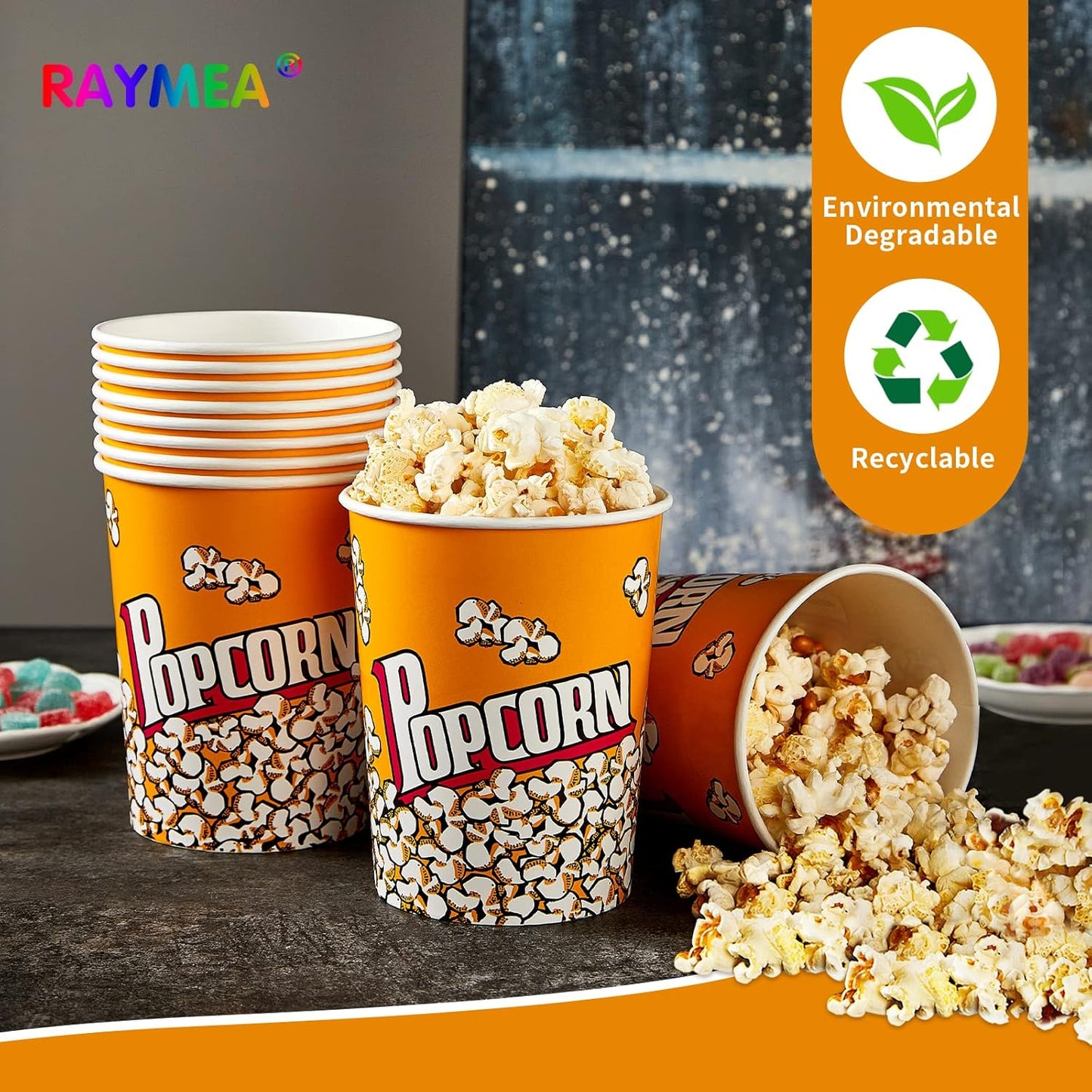 RAYMEA Popcorn Buckets Disposable 32oz Retro Style Paper 25 Pack Leak Proof Popcorn Containers Bowls for Family Movie Night & Party