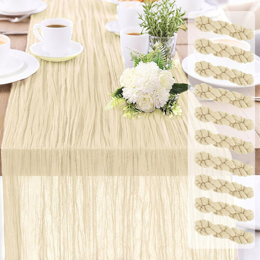 10-Pack Beige Cheesecloth Table Runners – 10FT (35x120 Inch) Boho Rustic Gauze Fabric Cheese Cloth Table Runner for Weddings, Baby Showers, Bridal Shower, Farmhouse & Birthday Party Decor