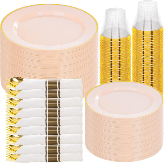 SUT 350 Pcs Pink and Gold Plastic Dinnerware Set for 50 Guests, Include: 50 Dinner Plates, 50 Dessert Plates, 50 Pre Rolled Napkins With Silverware, 50 Cups, Disposable Plates for Baby Shower, Party
