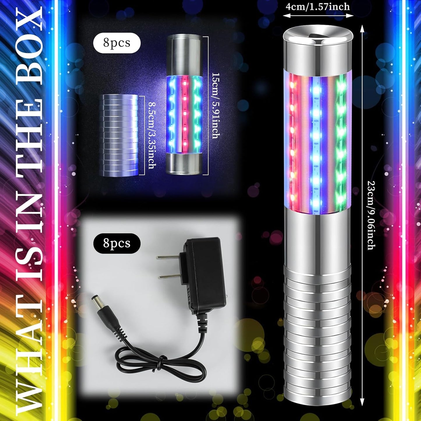 8 Pieces RGB LED Strobe Baton Light Rechargeable Bottle Service Sparklers Stick Reusable Champagne Bottle Handheld LED for Club Stage Nightclub Party Concert Event Bar Outdoor - Silver