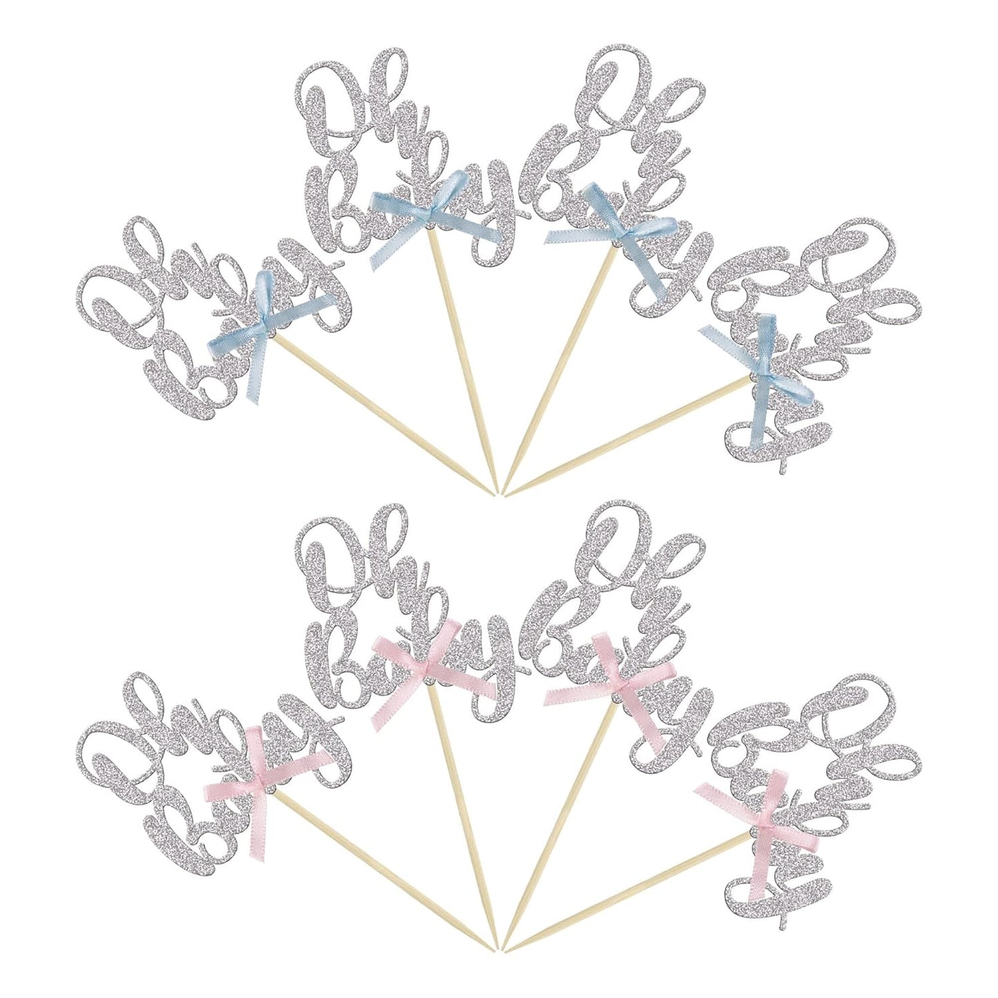 Gyufise 36Pcs Oh Baby Cupcake Toppers with Blue Pink Bowknot Silver Glitter Baby Shower Cupcake Picks Gender Reveal Cupcake Topper Decoration for Gender Reveal Baby Shower Kids Birthday Party Supplies