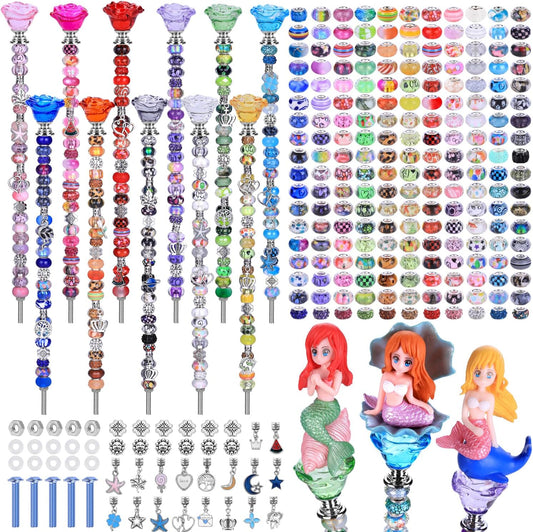 AIPRIDY 238 Pcs DIY Fairy Wand Garden Stakes Kit,Multiple Color Scheme European Beads Crystal Diamond Tops and 12 or 10 Inch Threaded Rods,Stainless Steel Stakes with Diamond Toppe (Rose Flower)
