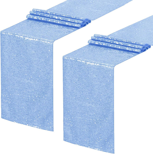 Sequin Table Runners 2 Pieces Baby Blue Table Runners 12x72 Inch Glitter Dining Table Cover for Party Wedding Birthday Reception Banquet Decoration Spring Party Chair Sashes