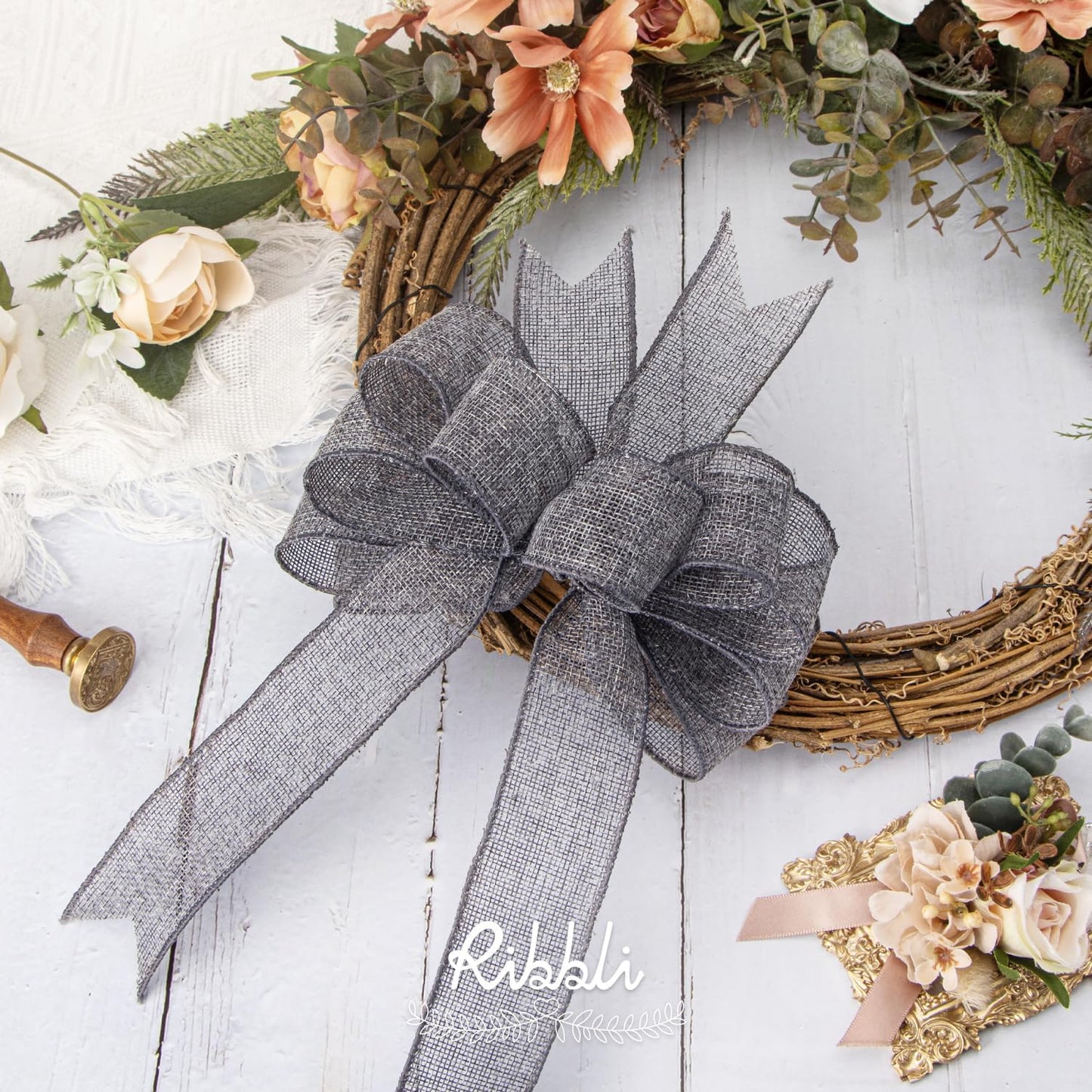 Ribbli Grey Burlap Wired Ribbon,1-1/2 Inch x 10 Yard,Gray,Solid Wired Edge Ribbon for Big Bow,Wreath,Tree Decoration,Outdoor Decoration