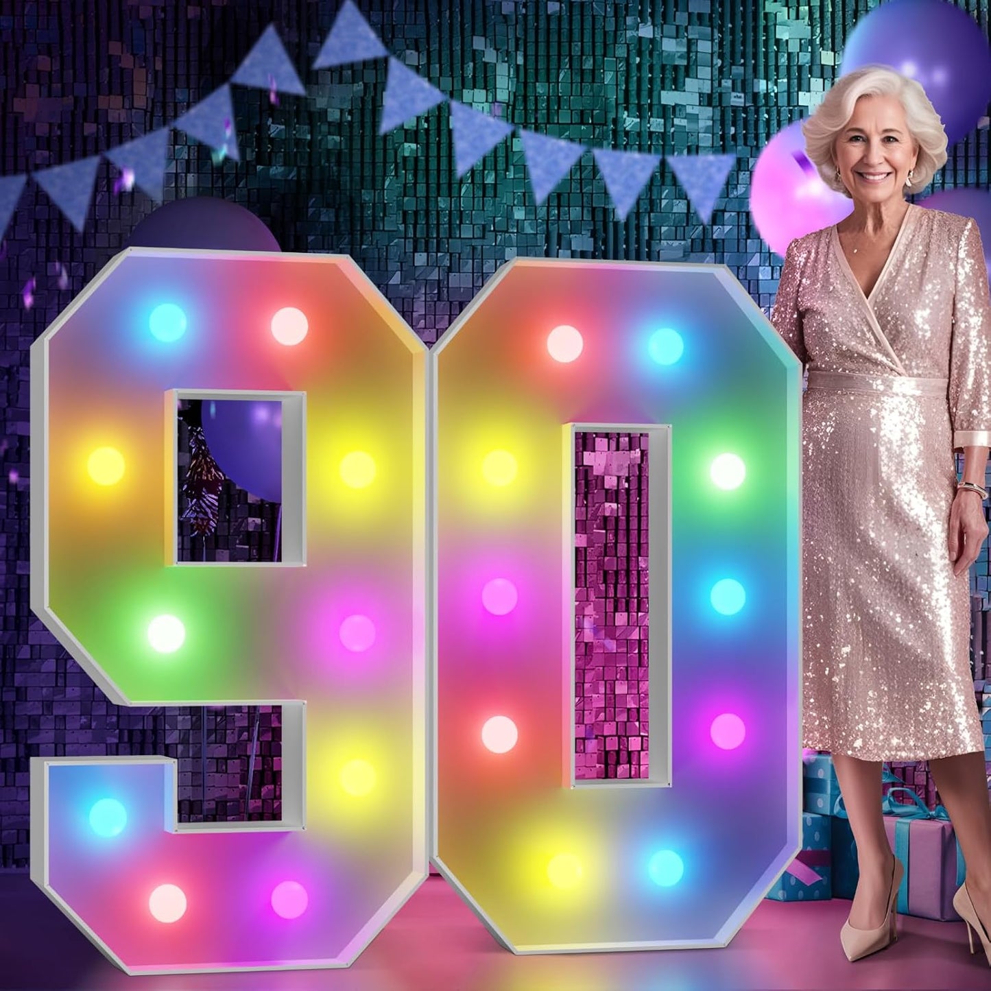 Marquee Numbers 90th-Birthday Decoration: Colorful 4FT Large Light Up 90 Year Old Birthday Decorations Anniversary Backdrop for Boys Girls Cardboard Sign 18 Colors Number 90 Mosaic Balloon Frame