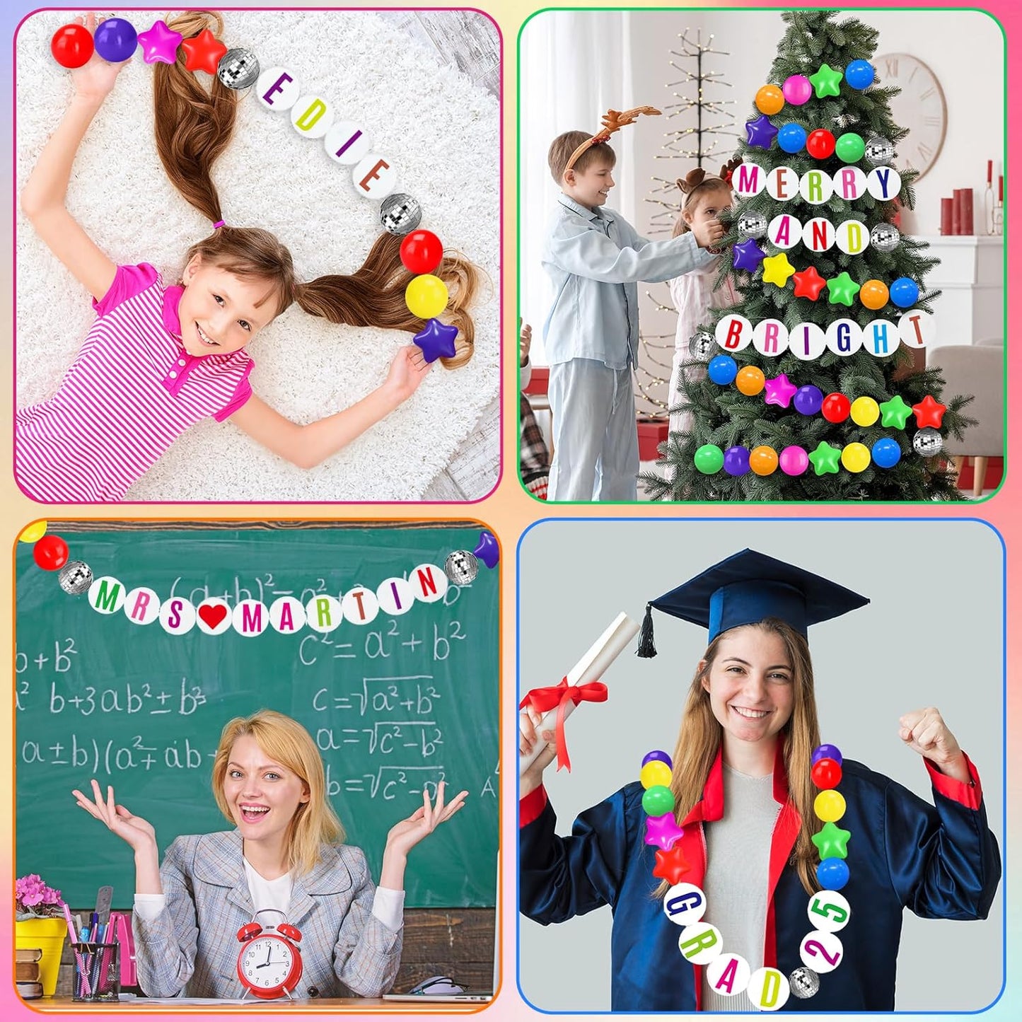 Giant Friendship Bracelet Garland Kit, DIY Birthday Banner with Letters Ball Jumbo Customizable Friendship Bracelet Decor for Halloween Christmas Wedding Party(Rainbow Colors)