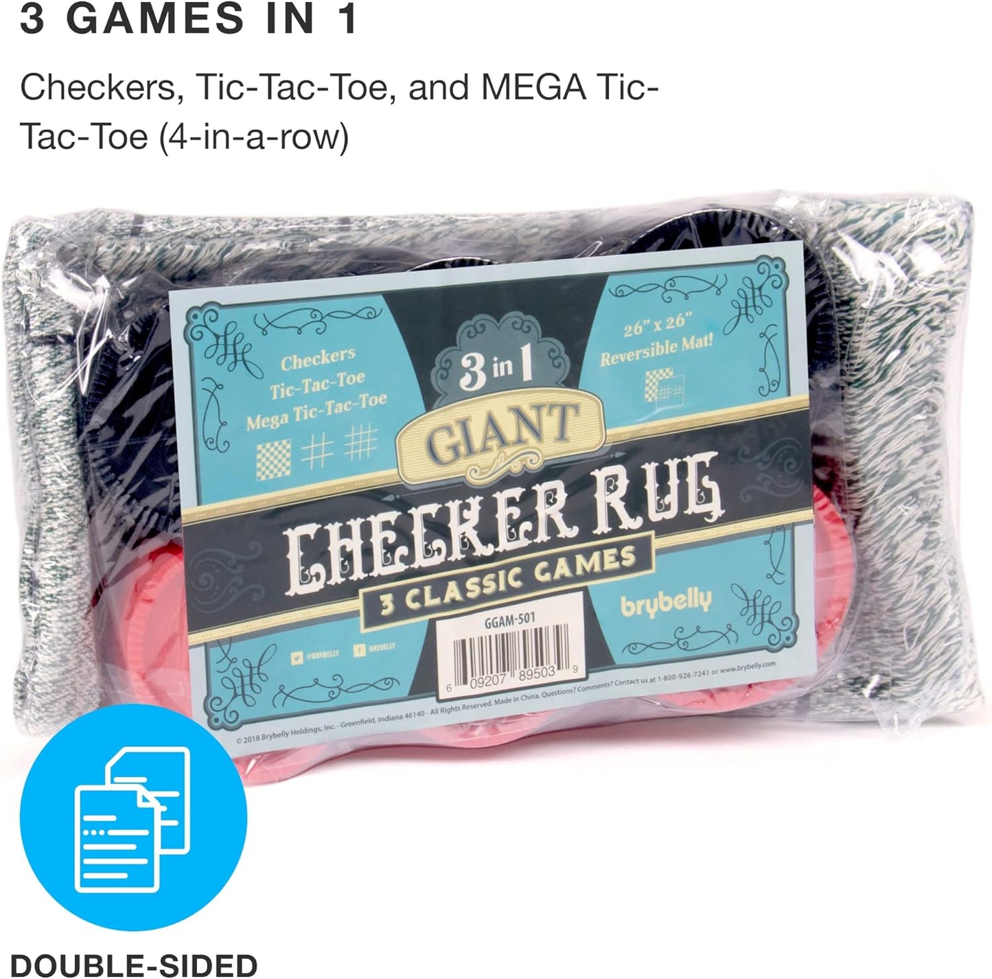 Brybelly Large Checkers Set - Giant Checkers Game for Indoor/Outdoor - Jumbo Classic Board Games for Friends and Family - 3-in-1 Checkers and Mega Tic Tac Toe