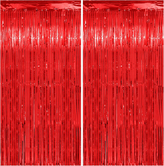 Christmas Decorations Red Streamers - Thicken 2 Pack 3.2 x 8.2 FT - Red Tinsel Foil Fringe Curtains Party Backdrop for Birthday, Casino, Carnival, Cherry, Hollywood Red Carpet Party Decorations