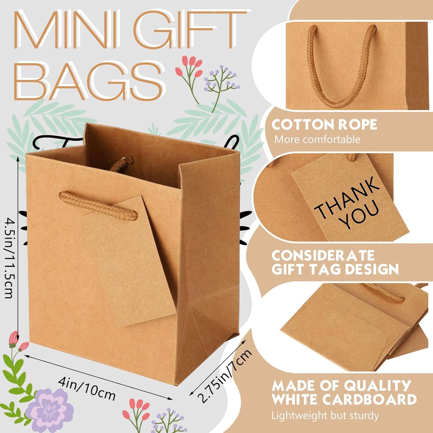 Sherr 100 Pack Mini Gift Bags Bulk, 4 x 2.75 x 4.5 Inches Paper Bags with Tags, Extra Small Paper Gift Boxes with Handles for Birthday, Party Favors, Weddings, Small Business(Brown)