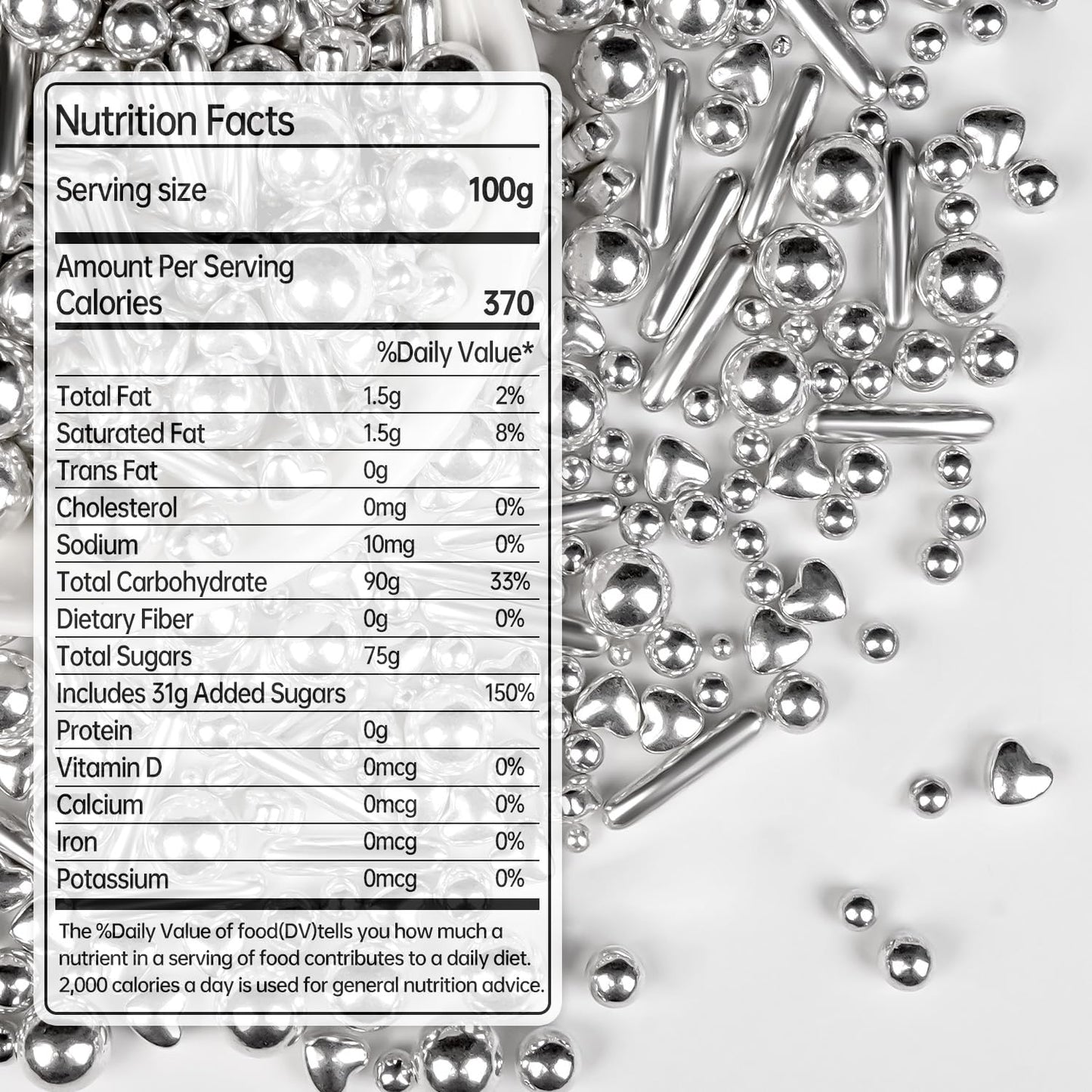 Silver Pearl Rods Heart Sprinkles, Baking Sugar, Silver Sprinkles for Cake, Mix Size, Cupcake Decoration, Holiday, Mother's Day, Wedding Party Supplies