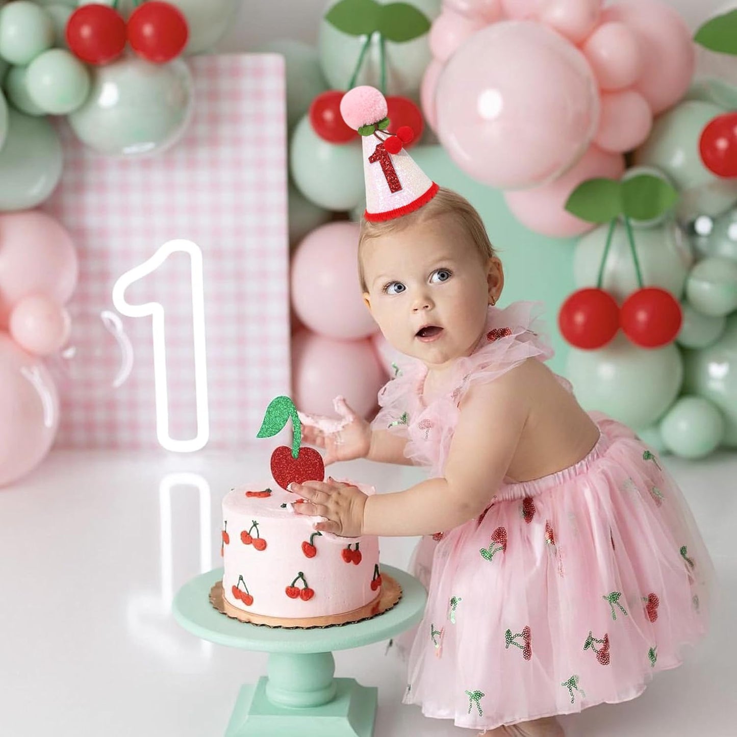 Cherry 1st Birthday Hat - Sweet One Party Decorations, Pink Glitter First Crown for Girls, Fruit Themed Cake Smash, Pink Felt Party Crown