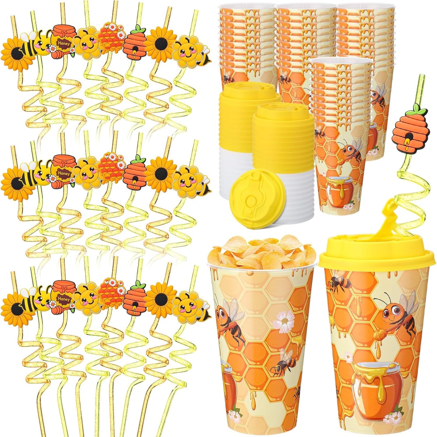 Yungyan 36 Sets Honey Bee Party Favors Goodie Cups with Lids and Straws for Birthday Decorations Reusable 16oz Plastic Candy Cups Plastic Straws for Birthday Party(Bee)