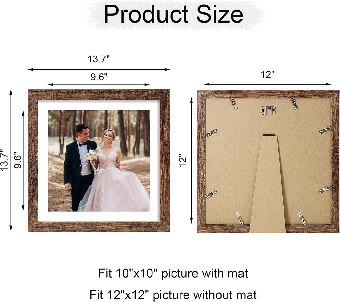 12x12 Picture Frame Set of 4 with Tempered Glass, Rustic Frame Display 10x10 Pictures with Mat or 12 x 12 Without Mat, Wood Square Photo Frames for Desktop Display and Wall Mounting