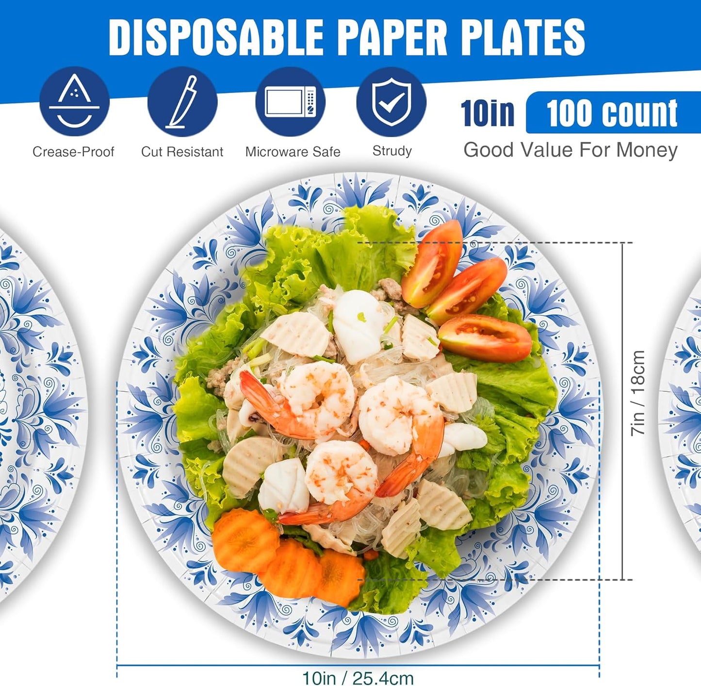 Charmount Large Paper Plates, 100pcs Disposable, Blue Flower Printed, Soak & Cut Proof for Parties & Daily Use