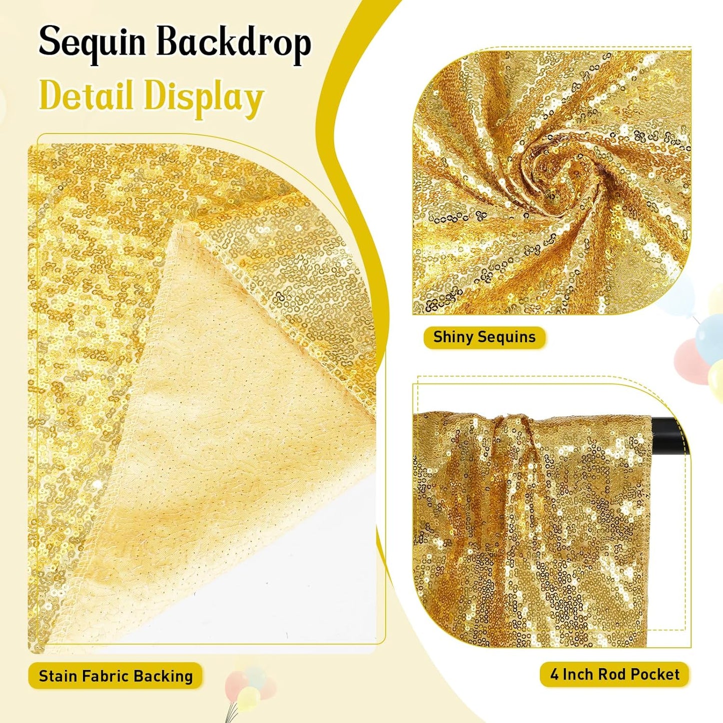 SquarePie Sequin Backdrop Less See Through Thick Background for Photography Glitter Curtain Party 7FT x 7FT Gold
