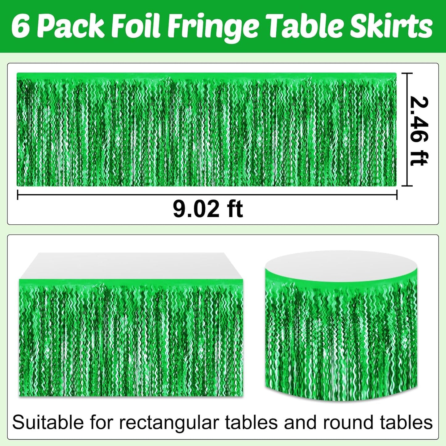 6 Pack 29x108 Inch Green Wave Foil Fringe Table Skirts Metallic Banner for Tinsel Streamer Garland Backdrop for Parade Floats Wedding, Mother's Day, Birthday Mardi Gras Party Decorations