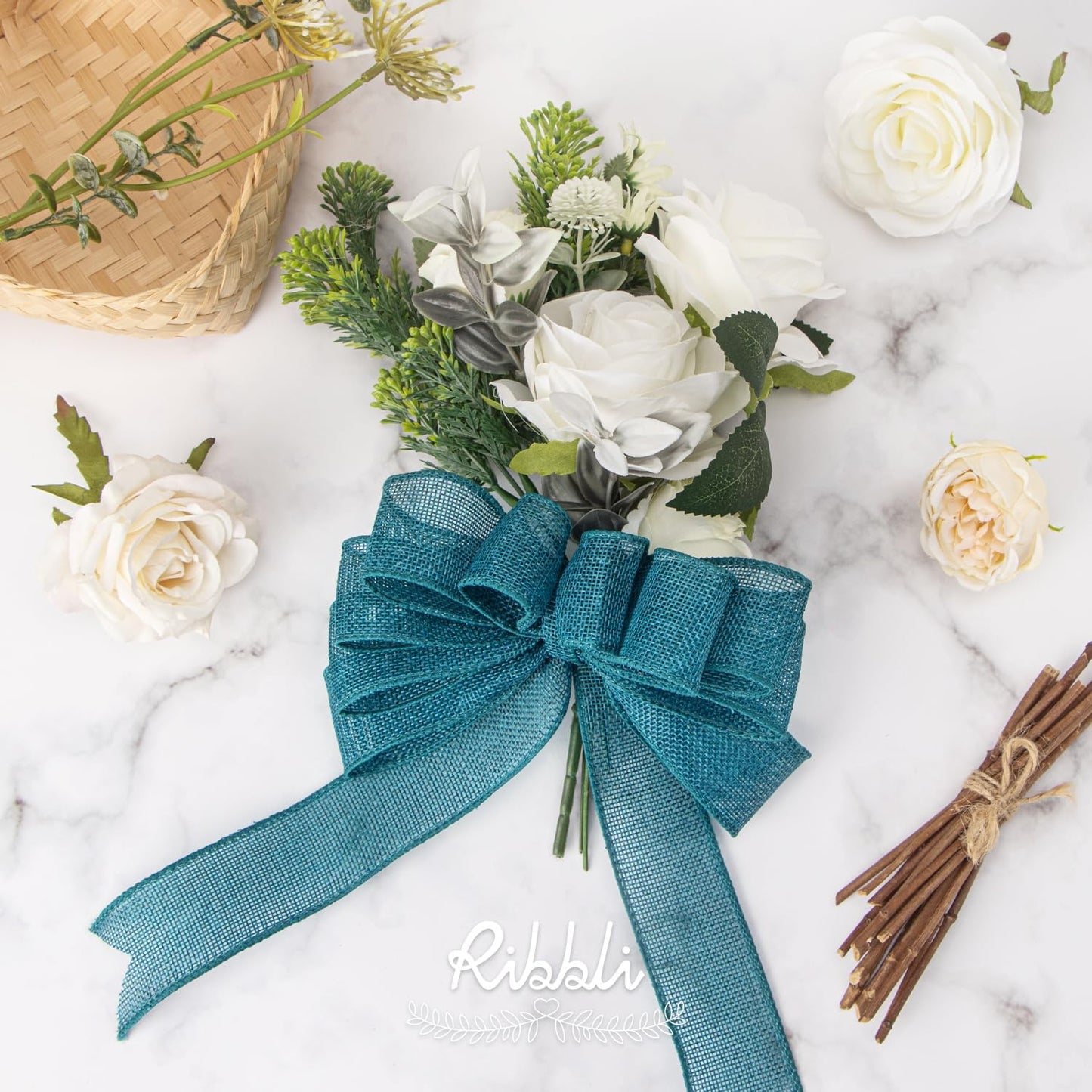 Ribbli Turquoise Green/Teal Burlap Wired Ribbon,1-1/2 Inch x 10 Yard, Wired Edge Ribbon for Big Bow,Wreath,Tree Decoration,Outdoor Decoration