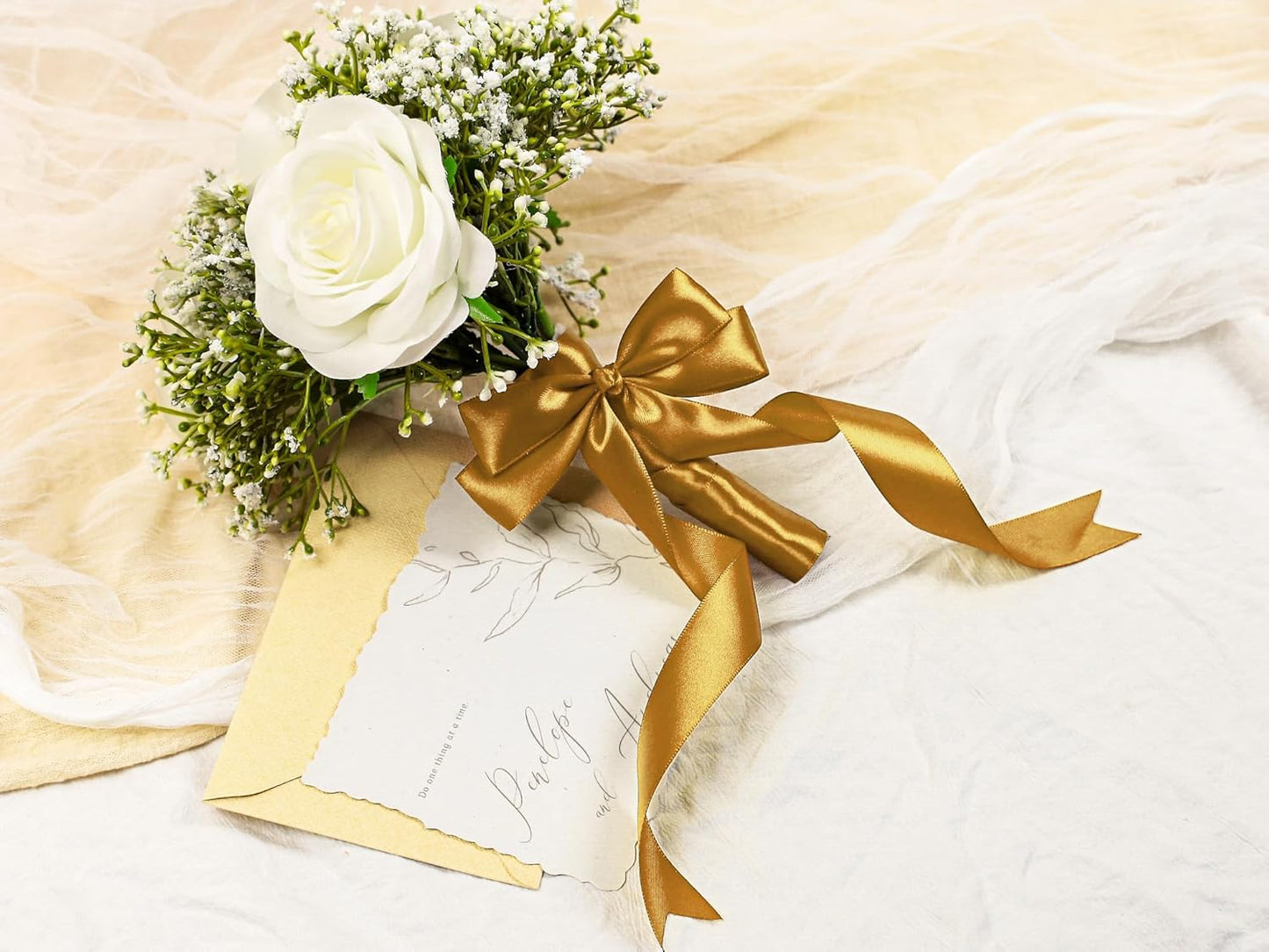 Gold Satin Ribbon 1 inch X Continuous 100 Yards, Single Face Polyester Ribbon Perfect for Gift Wrapping, Flower Bouquet, Wedding Decor, Crafts, Bow Making, Sewing and More