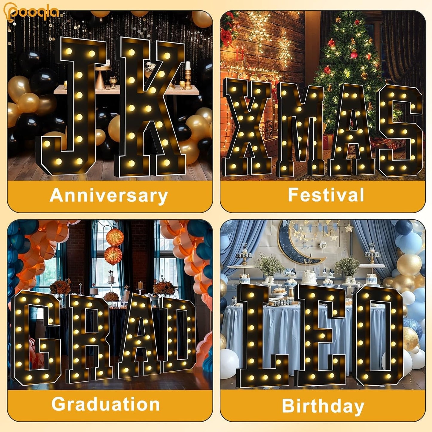 Pooqla 4 FT Marquee Light Up Letters, Black Marquee Letter Lights 4 Feet Tall for Birthday Decoration, Big Mosaic Letters Sign for Balloons Party Anniversary Wedding Decorations, Giant Warm White W