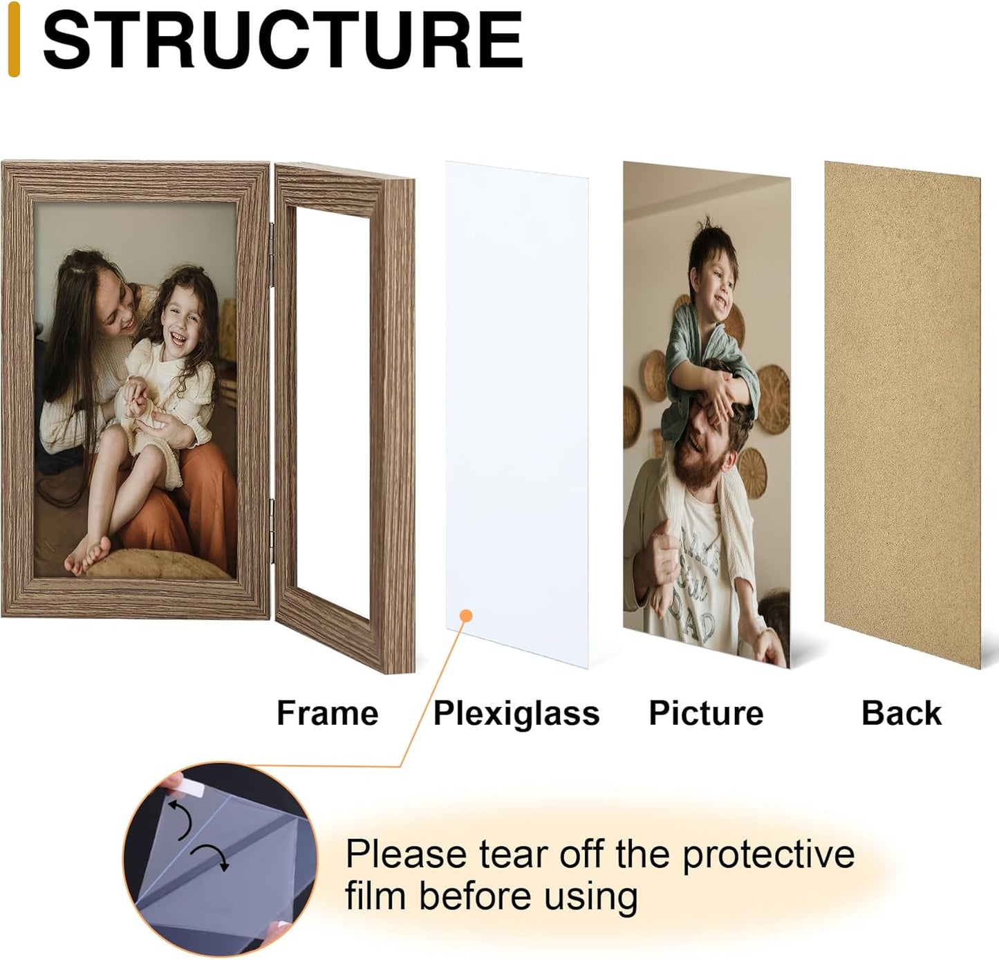 decorUhome Double 5x7 Picture Frame Vertical, Engineered Wood Bifold Photo Frame with Plexiglass for Tabletop Display, 5x7, Oak