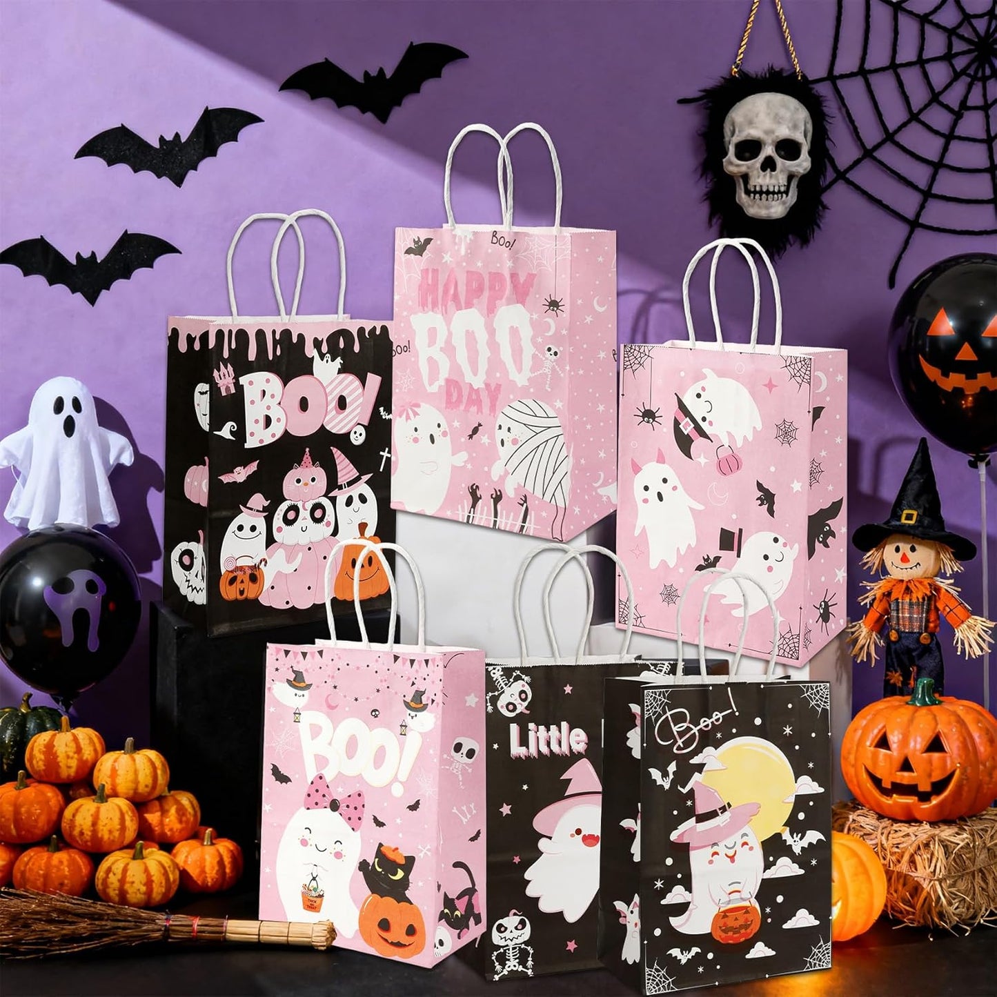 24 Pcs Halloween Paper Gift Bags, 6 Styles Halloween Goodie Bags with Handles, Halloweens Treat Bag Party Favors Bag Holiday Trick or Treat Party Supplies
