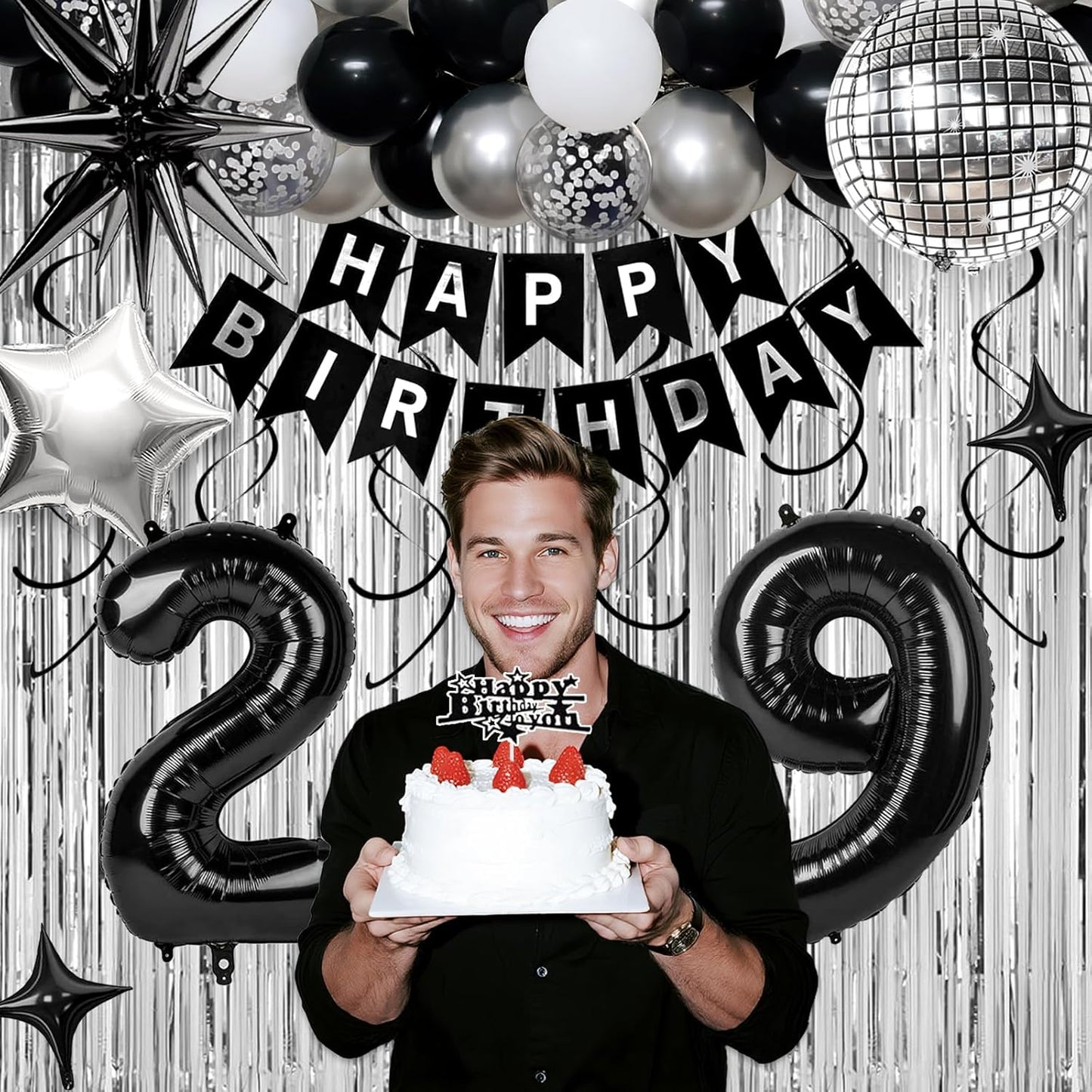29th Birthday Decorations for Men Women, Black Silver Happy Birthday Party Decorations， 29 Year Old Party Supplies with Number 29 Balloons, Banner, Fringe Curtains Kit