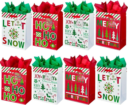 GITMIWS 12 Pack Christmas Paper Gift Bags with Tissue Paper, 9'' Medium Christmas Treat Gift Bags Bulk with handles, Xmas Shopping Tote Goodie Bag for Kids, Xmas Party Favor Decor