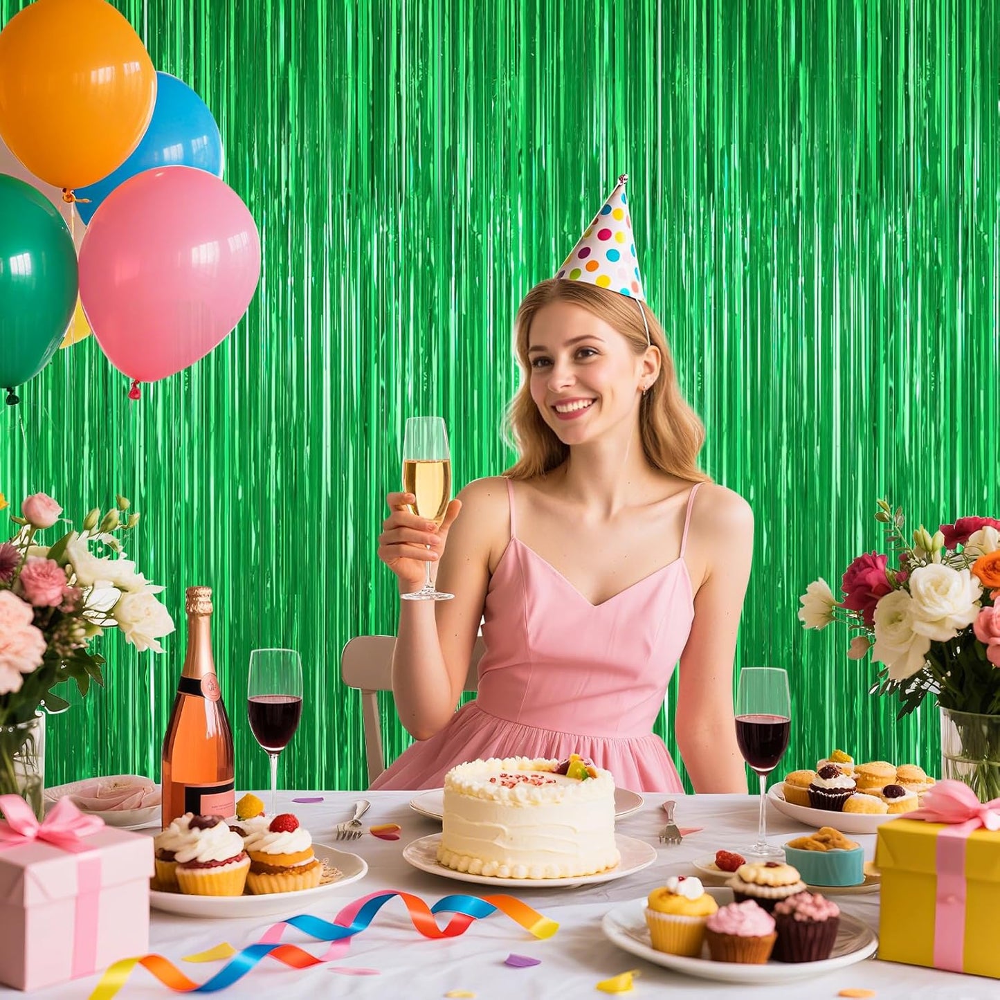 Green Foil Curtain Backdrop, 2Pack Green Metallic Tinsel Foil Fringe Curtains Photo Booth Props for Birthday Wedding Engagement Baby Shower Bachelorette Christmas Celebration Jungle Party Decorations