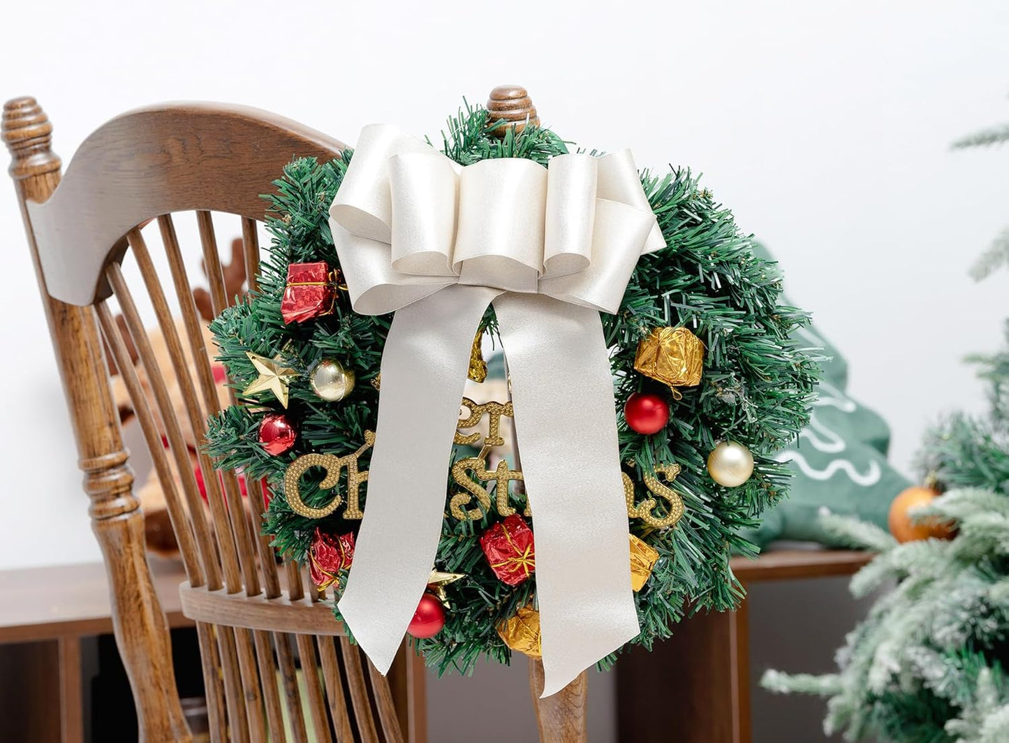 Champagne Satin Wired Ribbon 2-1/2 Inch Double-Faced Sliver Glitter Christmas Ribbons for Wreath, Tree Decoration, Gift Wrapping, Home Decor 10 Yards