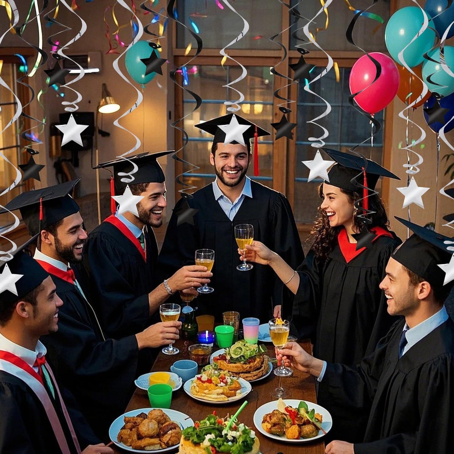 BEISHIDA Black Silver Stars Hanging Swirls Bachelorette Graduation Hanging Ornament Decorations for Birthday Party Supplies Congrats Grade 2025 Graduation Decorations,Pack of 15