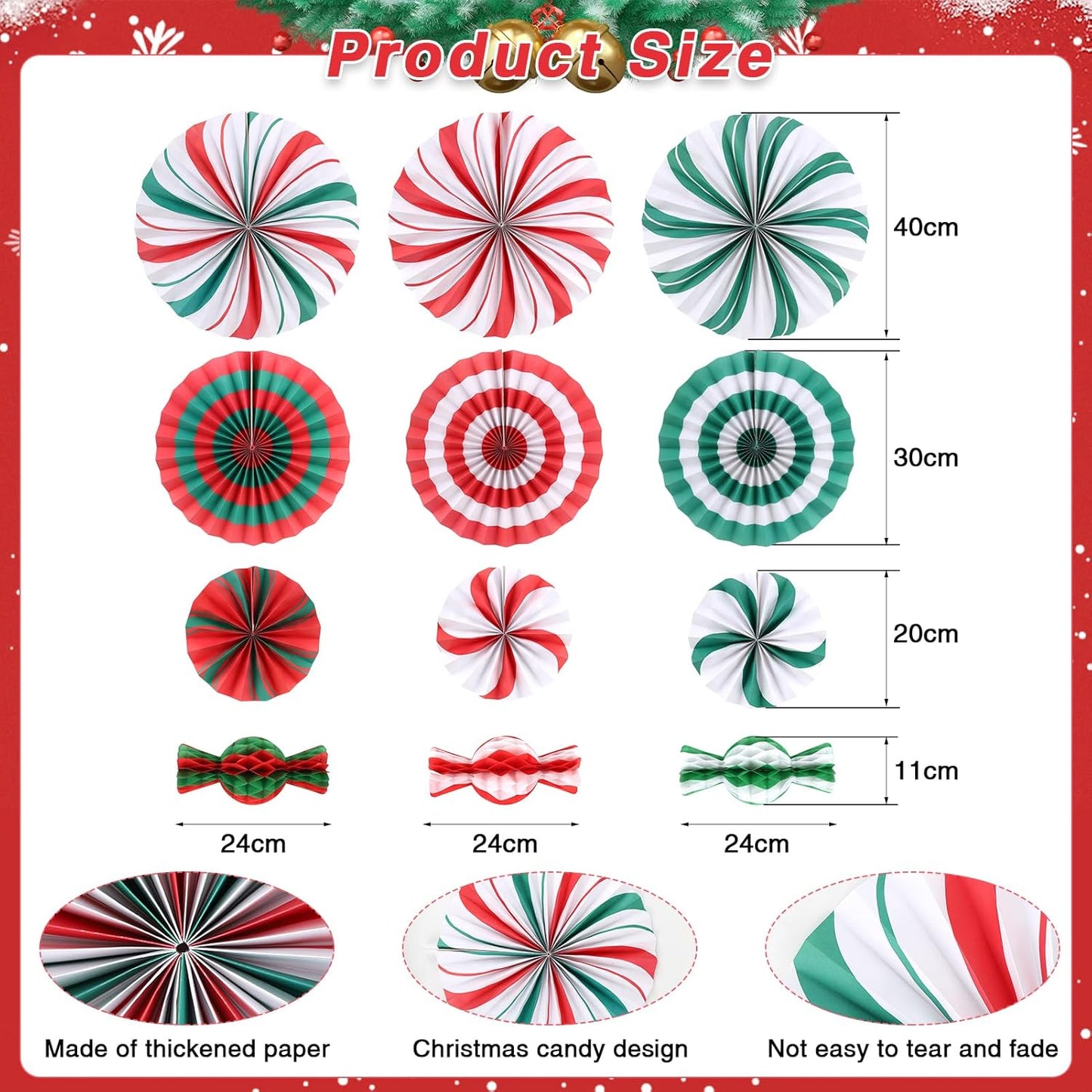 12 PCS Candy Hanging Paper Fans Christmas Candy Decorations Red Green White Christmas Party Decorations Christmas Party Decorations Christmas Wall Decorations Hanging Christmas Decorations