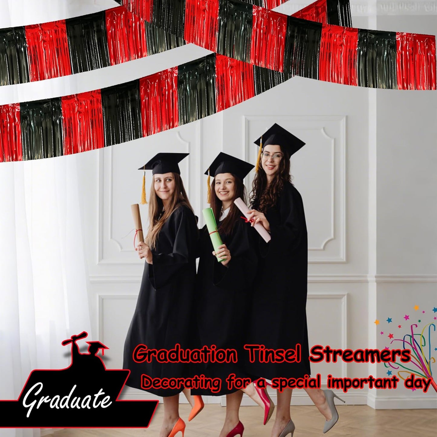 4 Pack 10 Feet Black Red Parade Floats Foil Fringe Garland Metallic Tinsel Streamers Banner Fringe Curtain Banner for Halloween Graduation Homecoming Birthday Party Decorations (Black, Red)