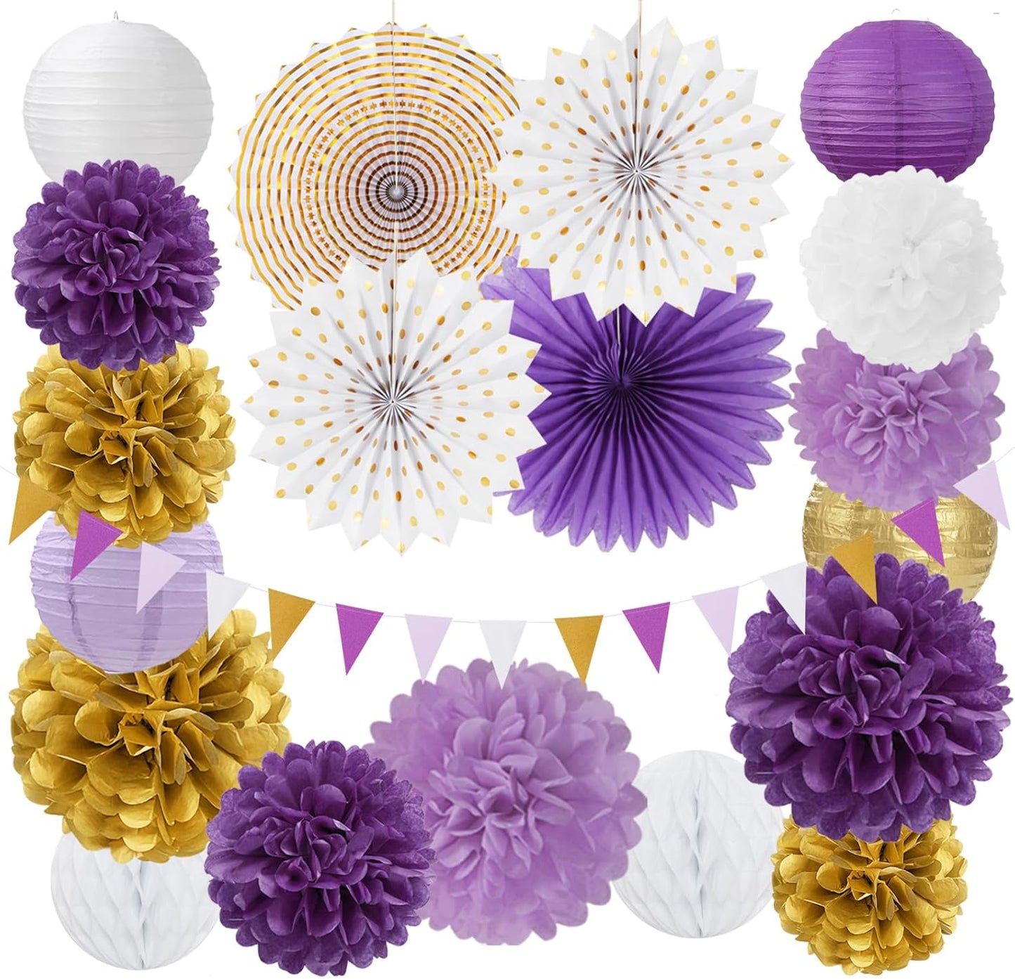 Purple-Lavender White Gold Party Decorations - 20pcs Graduation Birthday Paper Lanterns Fans,Tissue Pom Poms,Honeycomb Balls,Baby Shower Bridal Wedding Bachelorette Valentines Day Decor Burgleda