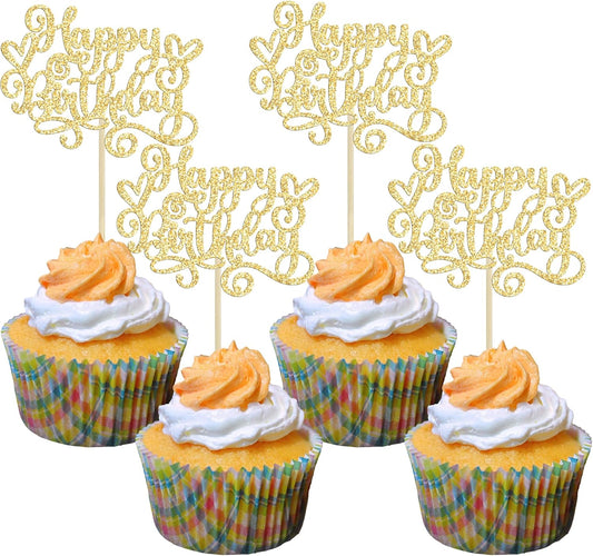 Gyufise 24Pcs Happy Birthday Cupcake Toppers Glitter Happy Birthday Cupcake Picks for Celebrating Happy Birthday Anniversary Theme Party Cake Decorations Supplies Gold