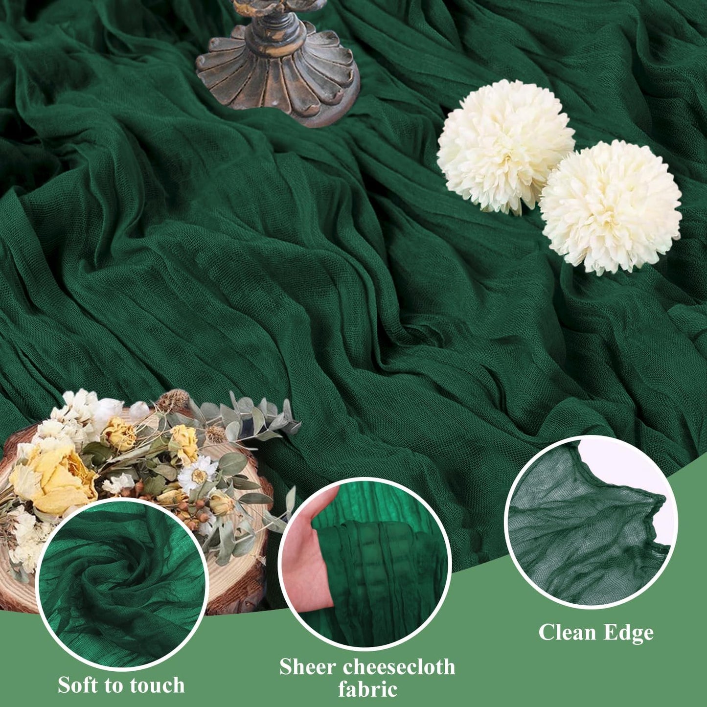 Asee'm Fall Table Runner Cheesecloth 10FT Emerald Green Boho Gauze Fabric Rustic Sheer Cheese Cloth Runners for Thanksgiving Wedding Bridal Shower Party Decoration