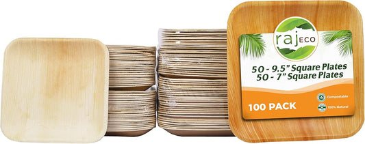 Raj Palm Leaf Plates Plates like Bamboo plates Disposable, Decorative Compostable Tableware for wedding, Lunch, Dinner, Birthday, Camping, Outdoor BBQ, Picnic (9.5"x50 7"x50 (100 Pack))