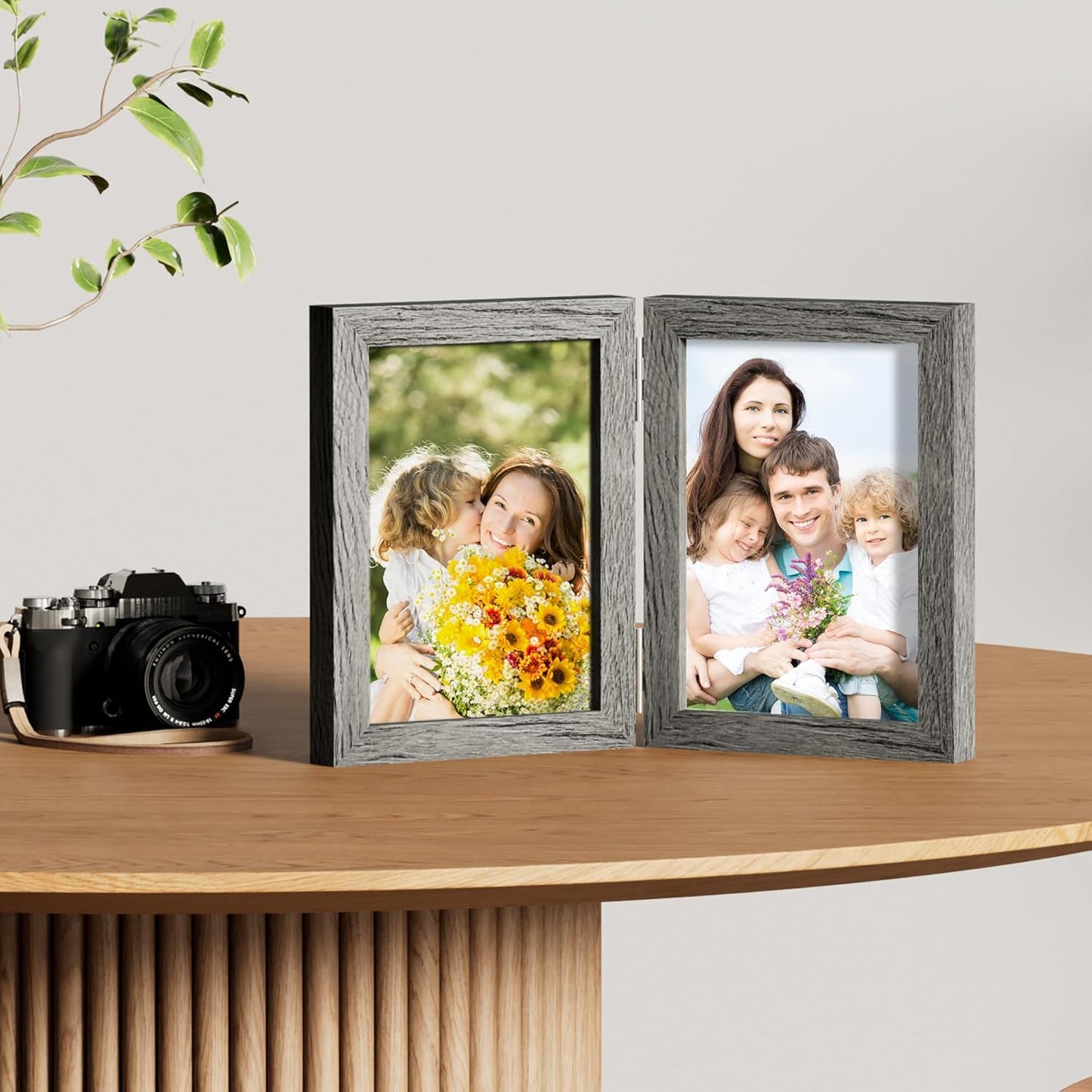 decorUhome Double 5x7 Picture Frame Vertical, Engineered Wood Bifold Photo Frame with Plexiglass for Tabletop Display, 5x7, Grey