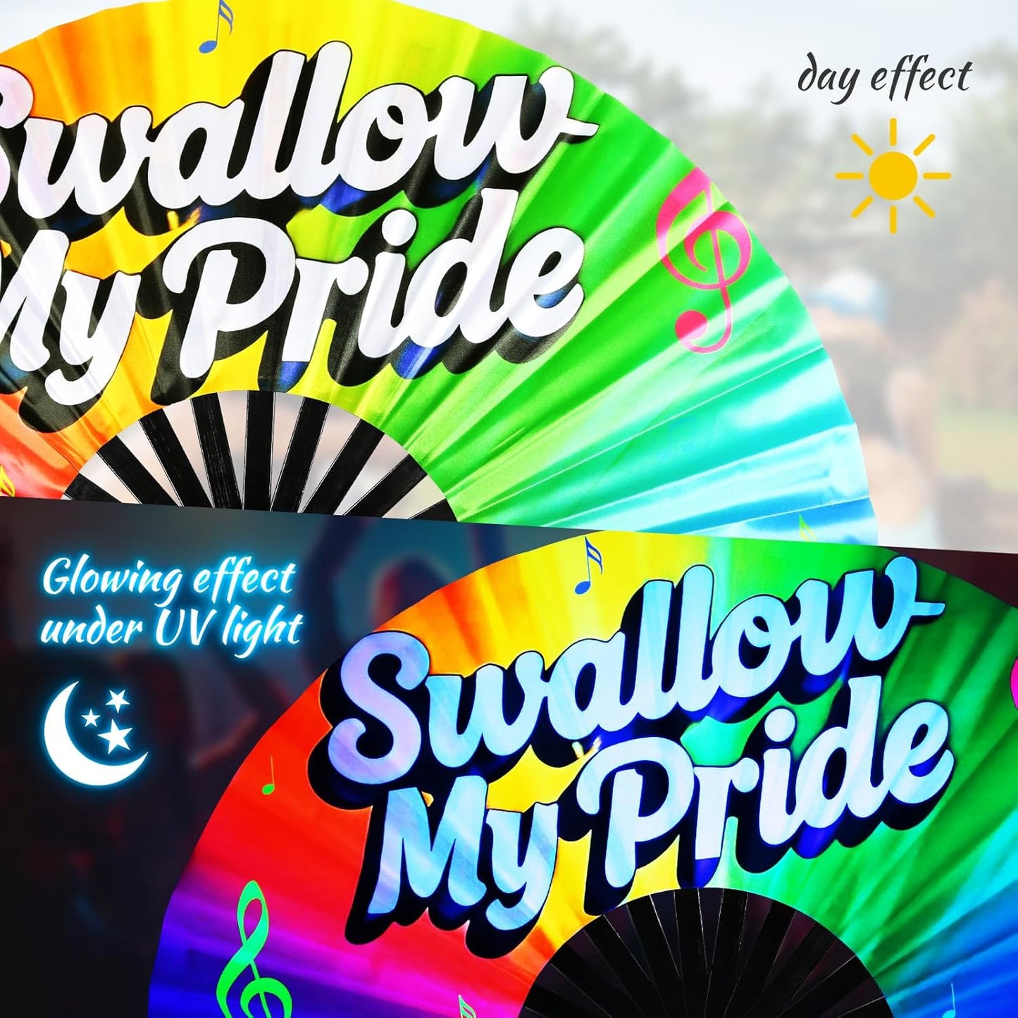 SYNTECSO Folding Hand Fan for Rave, Popping Fan for Line Dancing, Drag Queen, Women and Men Gift，Chinese Japanese UV Glow Clack Fan for Parties, Music Festivals, EDM and Decoration