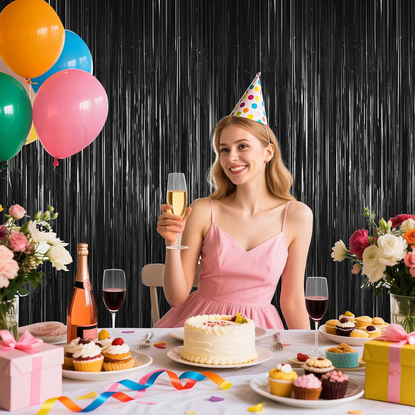 Black Foil Curtain Backdrop,2Pack Black Metallic Tinsel Foil Fringe Curtains Photo Booth Props for Birthday Wedding Engagement Baby Shower Bachelorette Christmas Halloween Disco Party Door Decorations